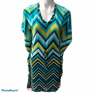 Calvin Klein Blue Yellow Black Stripe Chevron Caftan Dress - Size 4